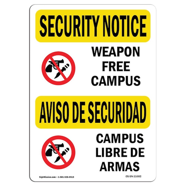 OSHA Security Sign, 3.5" Height, 5" Width, Weapon Free Campus Bilingual, Landscape, 10PK